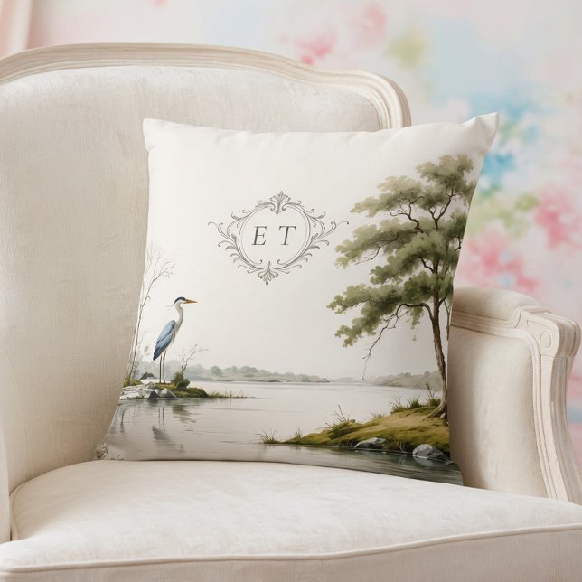 Heron Lake Toile French Country Wedding Monogram Kussen (Creator heeft geüpload)