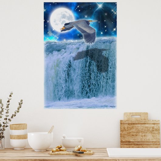 Heron, Moon & Waterfall Fantasy Art Poster (Keuken)