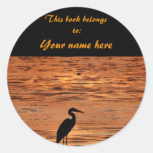 Heron op Sunset Bookplaat Ronde Sticker (Voorkant)