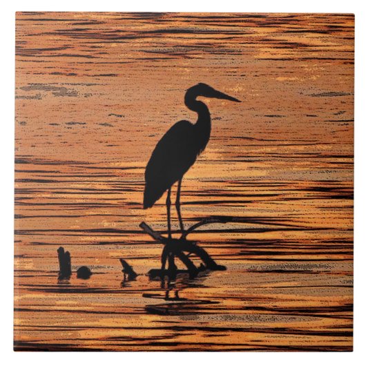 Heron op Sunset Ceramic Tile Tegeltje (Voorkant)