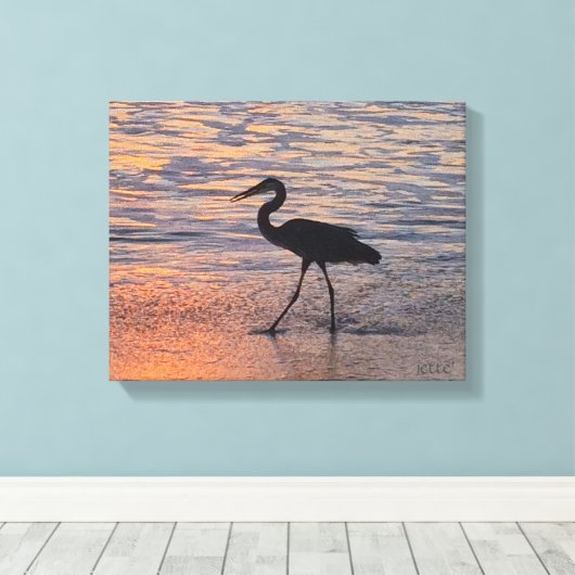 Heron op vroege ochtend wandeling canvas afdruk (Insitu (Houten vloer))