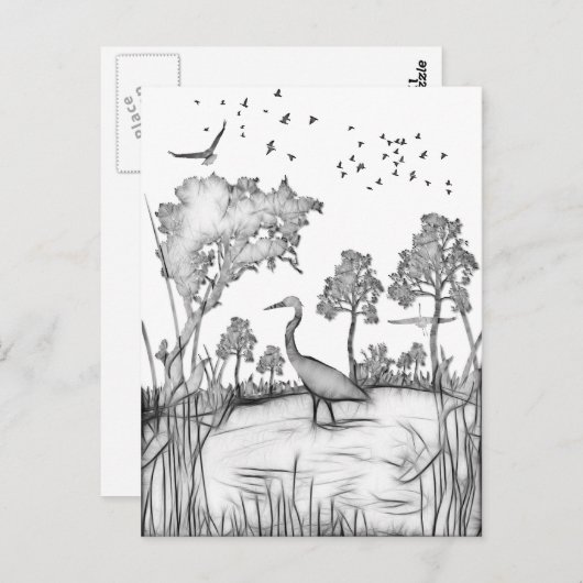 Heron Scene Black en white sketch fractalius Briefkaart (Voorkant / Achterkant)