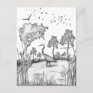 Heron Scene Black en white sketch fractalius Briefkaart