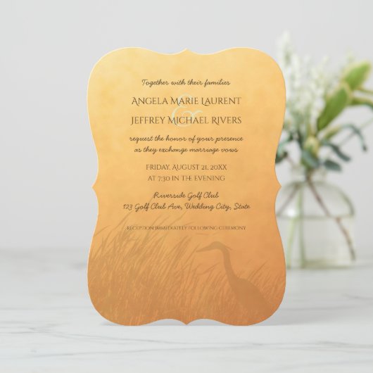 Heron silhouet zonsondergang ombre bruiloft kaart (Staand voorkant)