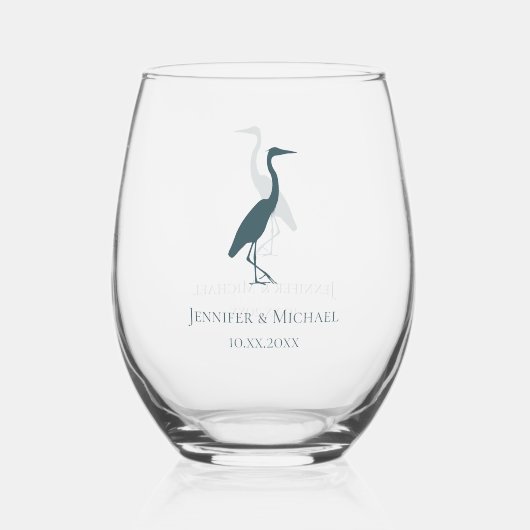 Heron Silhouette blauwgroen bruiloftsgasten Wijnglas Zonder Voet (Achterkant)