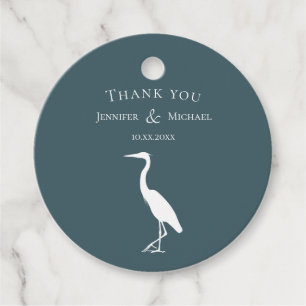 heron silhouette white on dark blauwgroen blue sim bedankjes labels