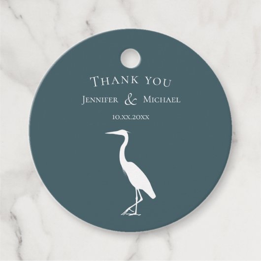 heron silhouette white on dark blauwgroen blue sim bedankjes labels (Voorkant)
