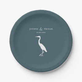 heron silhouette white on dark blauwgroen blue sim papieren bordje