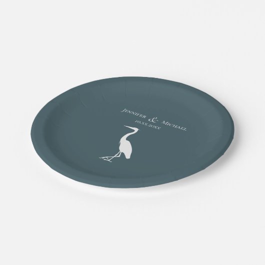 heron silhouette white on dark blauwgroen blue sim papieren bordje (Gekanteld)