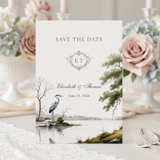 Heron Toile Frans Landelijk Monogram Trouwfeest Save The Date