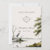 Heron Toile Frans Landelijk Monogram Trouwfeest Save The Date (Voorkant)