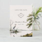 Heron Toile Frans Landelijk Monogram Trouwfeest Save The Date (Staand voorkant)