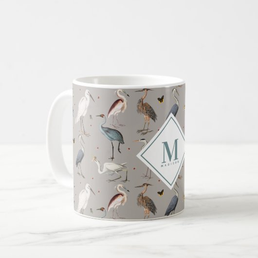 Heron Vogel Egret Natuur Monogrammed Koffiemok (Voorkant links)