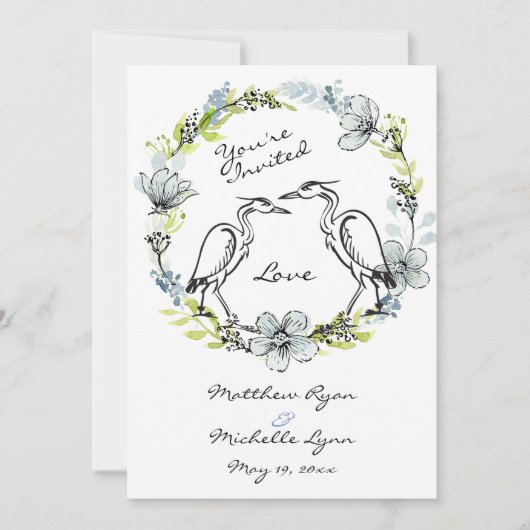 Heron Vogel Paar en Bloem Krans bruiloft Uitnodige Kaart (Voorkant)