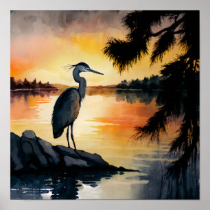 Heron Watching the Sunset Waterverf Poster