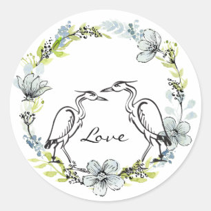 Heron Water Vogel Paar ~ Blauw, Groene Bloemen Lie Ronde Sticker
