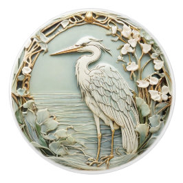 Heron Zee Bird Art Nouveau Faux Relief Left Mint Keramische Knop