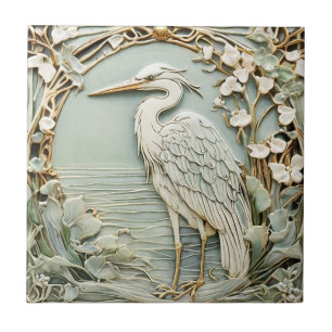 Heron Zee Bird Art Nouveau Faux Relief Left Mint Tegeltje