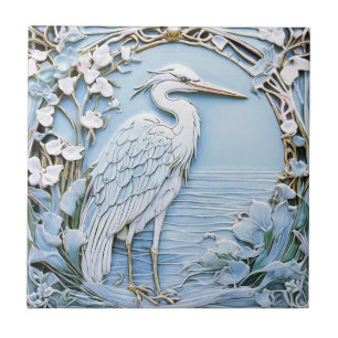Heron Zee Bird Art Nouveau Faux Relief Rechts Blau Tegeltje