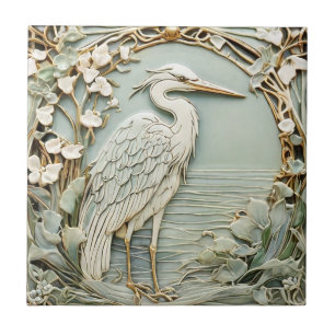 Heron Zee Bird Art Nouveau Faux Relief Right Mint Tegeltje