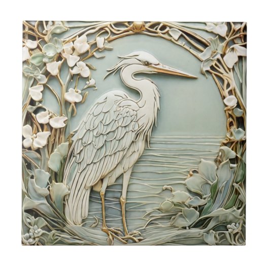 Heron Zee Bird Art Nouveau Faux Relief Right Mint Tegeltje (Voorkant)
