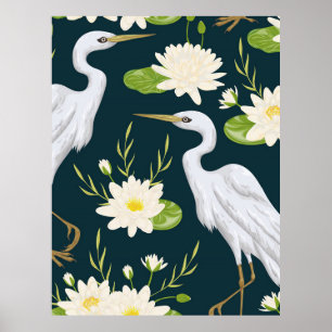Herons White Lily Green Foliage Waterig landschap Poster
