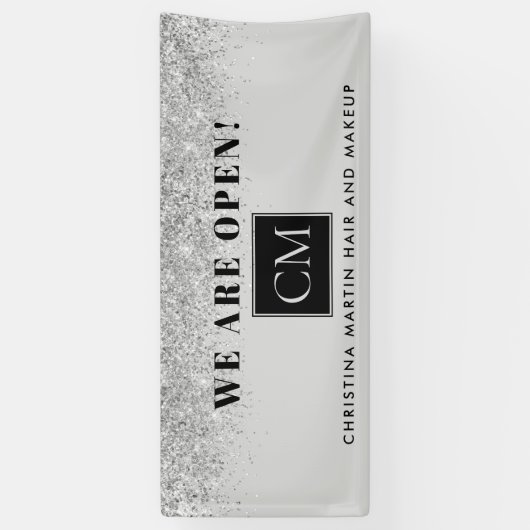 Heropenen Haar en Make-up Zilver Grijs Glitter Spandoek (Verticaal)