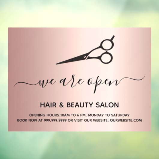 Heropening haar schoonheidssalon rose goud raamsticker (Vel 3)