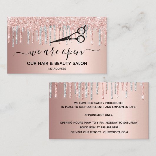 Heropening schoonheid salon roze glitter zilver visitekaartje (Voorkant / Achterkant)