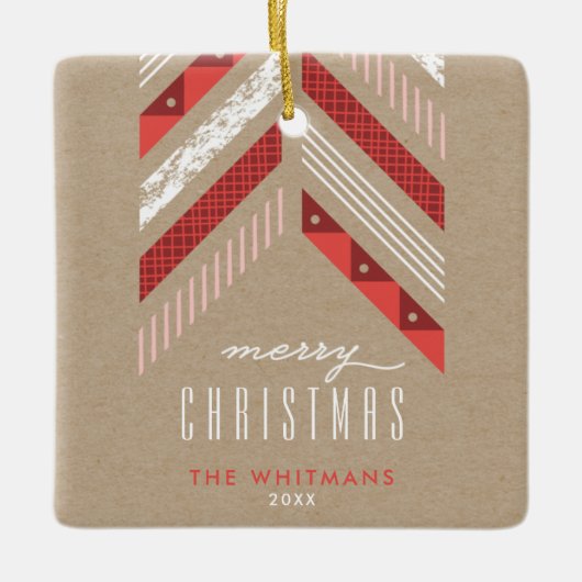 Herringbone Band Kerstversient - Crimson Keramisch Ornament (Voorkant)