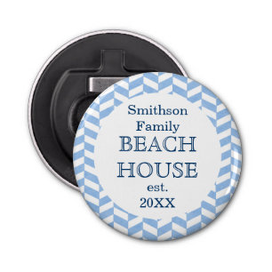 Herringbone Blue White Beach House Custom Button Flesopener