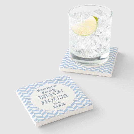 Herringbone Blue White Beach House Custom Stenen Onderzetter (Zijkant)