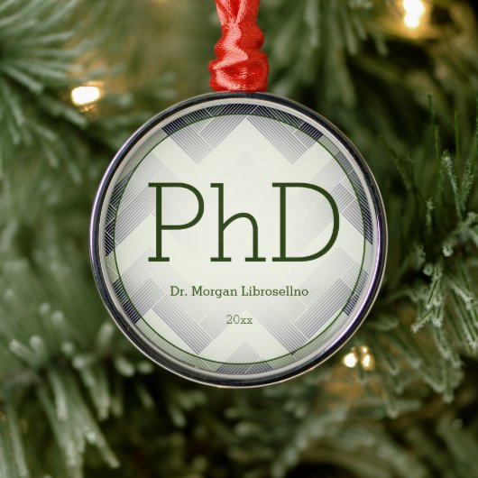 Herringbone Green White PhD Afstuderen Name Year Metalen Ornament (Boom)