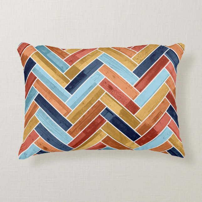 Herringbone Pattern Blue Yellow Orange Red Accent Kussen (Voorkant)