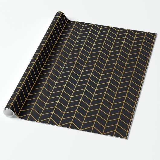 Herringbone Pattern Faux Gold Foil Black Geometric Cadeaupapier (Uitgerold)