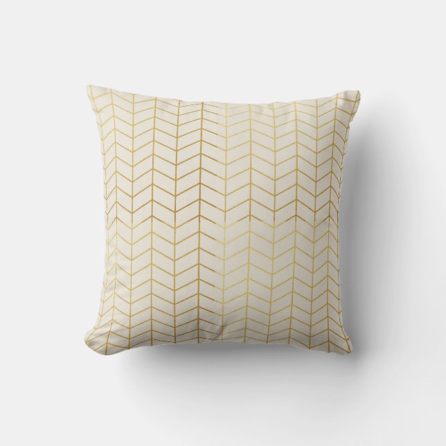 Herringbone Pattern Faux Gold Foil Ivory Geometric Kussen (Voorkant)