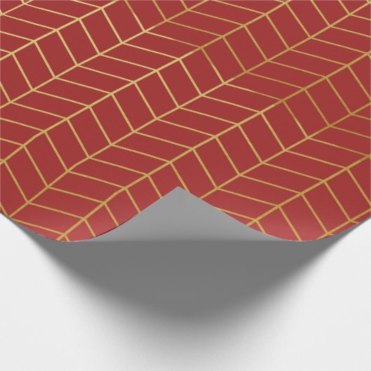 Herringbone Pattern Faux Gold Foil Red Geometric Cadeaupapier (Hoek)