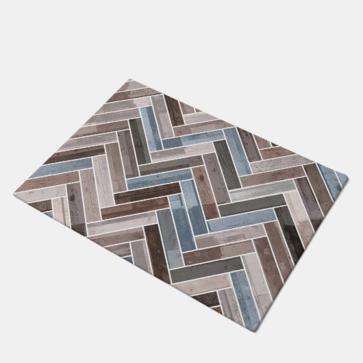 Herringbone Pattern in Blue Brown Grey Deurmat (Schuin)