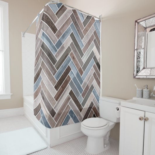 Herringbone Pattern in Blue Brown Grey Douchegordijn (In situ)