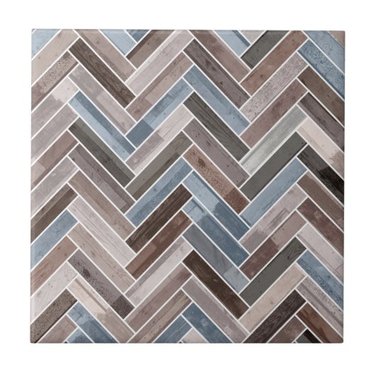 Herringbone Pattern in Blue Brown Grey Tegeltje (Voorkant)