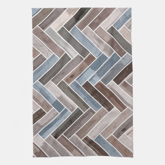 Herringbone Pattern in Blue Brown Grey Theedoek (Verticaal)