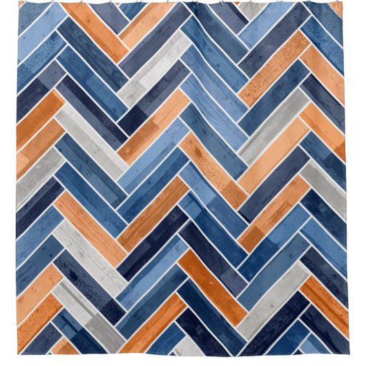 Herringbone Pattern in Navy Blue en Oranje Douchegordijn (Voorkant)