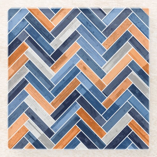 Herringbone Pattern in Navy Blue en Oranje Glazen Onderzetter (Voorkant)