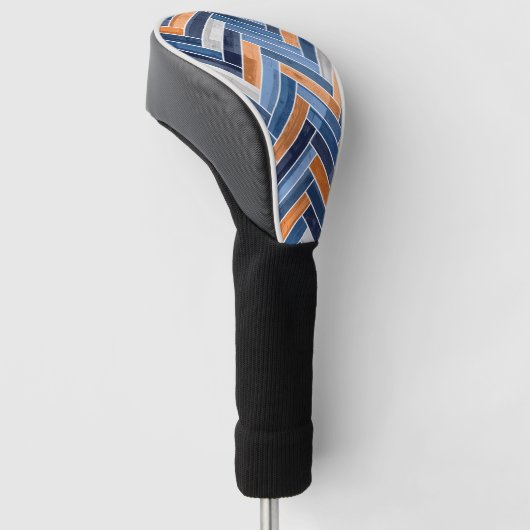 Herringbone Pattern in Navy Blue en Oranje Golfheadcover (Schuin)