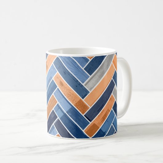 Herringbone Pattern in Navy Blue en Oranje Koffiemok (Voorkant rechts)