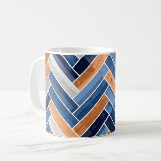 Herringbone Pattern in Navy Blue en Oranje Koffiemok (Voorkant links)