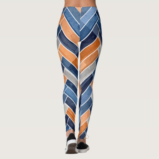 Herringbone Pattern in Navy Blue en Oranje Leggings (Achterkant)
