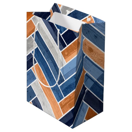 Herringbone Pattern in Navy Blue en Oranje Medium Cadeauzakje (Achterkant Gekanteld)