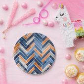 Herringbone Pattern in Navy Blue en Oranje Papieren Bordje (Feest)
