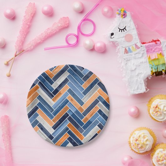 Herringbone Pattern in Navy Blue en Oranje Papieren Bordje (Feest)